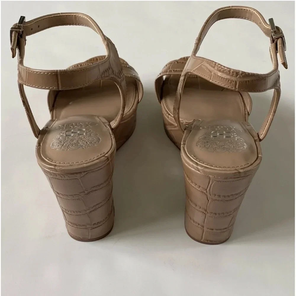 New Vince Camuto Celvina Platform Wedge Crepe Croc Leather Sandals Size 9.5